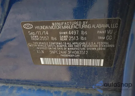 2015 Hyundai Sonata Se z USA, uszkodzony, nr VIN 5NPE24AF3FH083512